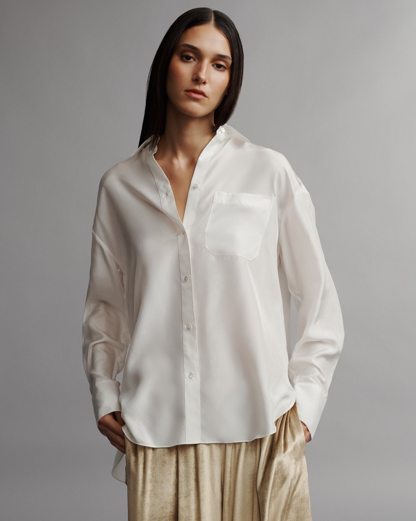 TWP Ivory Big Joe Shirt in washed silk habotai view 1