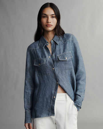 TWP Medium indigo Rancher&#39;s Daughter shirt in hemp denim view 2