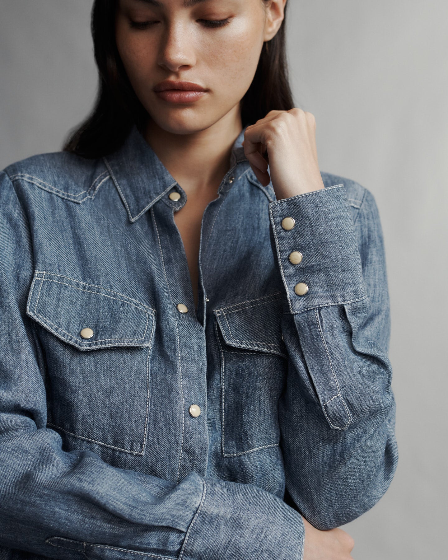 TWP Medium indigo Rancher's Daughter shirt in hemp denim view 2