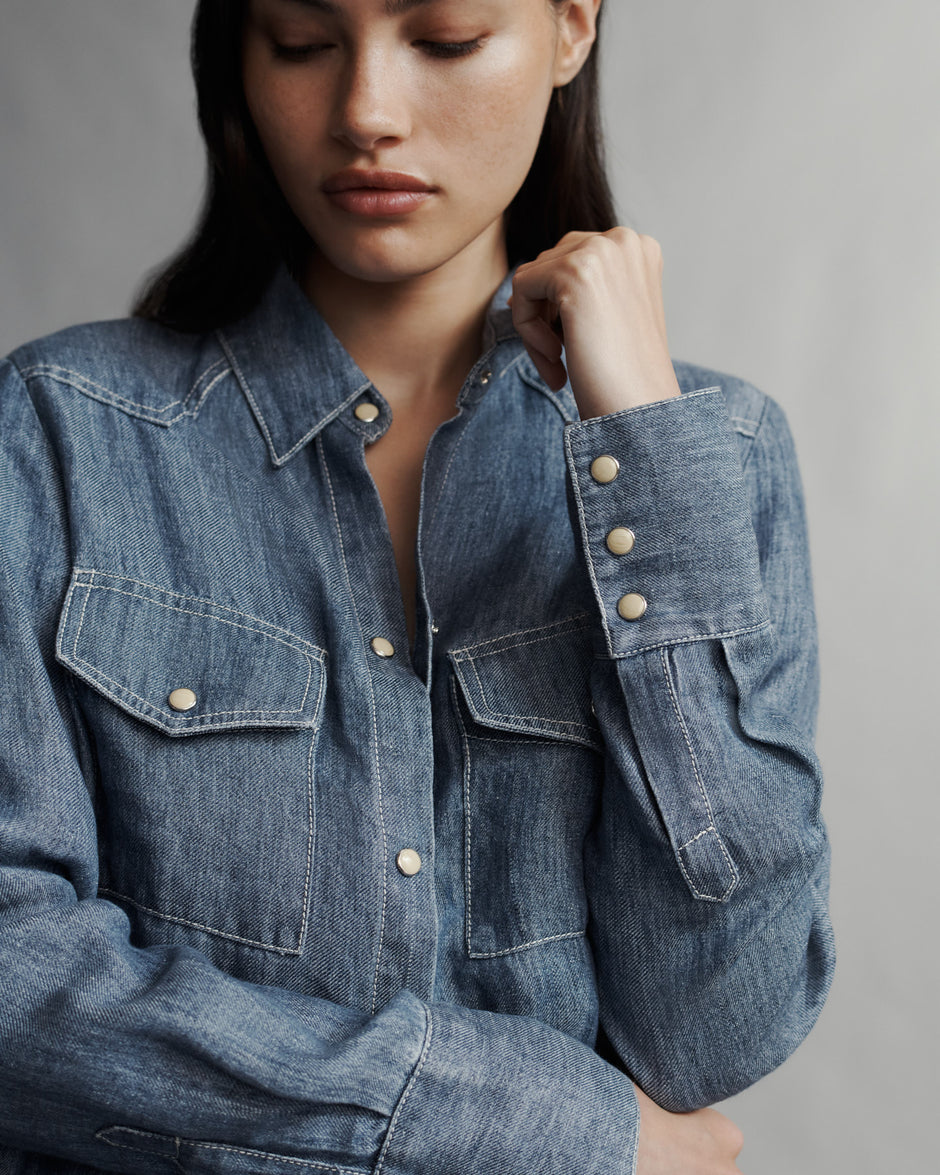 TWP Medium indigo Rancher&#39;s Daughter shirt in hemp denim view 3