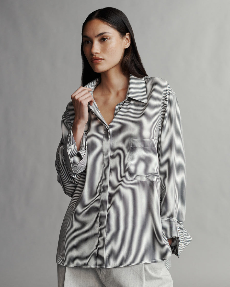 TWP White / grey Boyfriend Shirt in Silk Striped Voile view 3