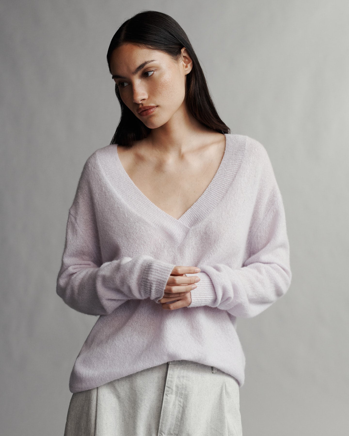 TWP Lilac tint Perfect Deep V Sweater in Nubby Cashmere view 2