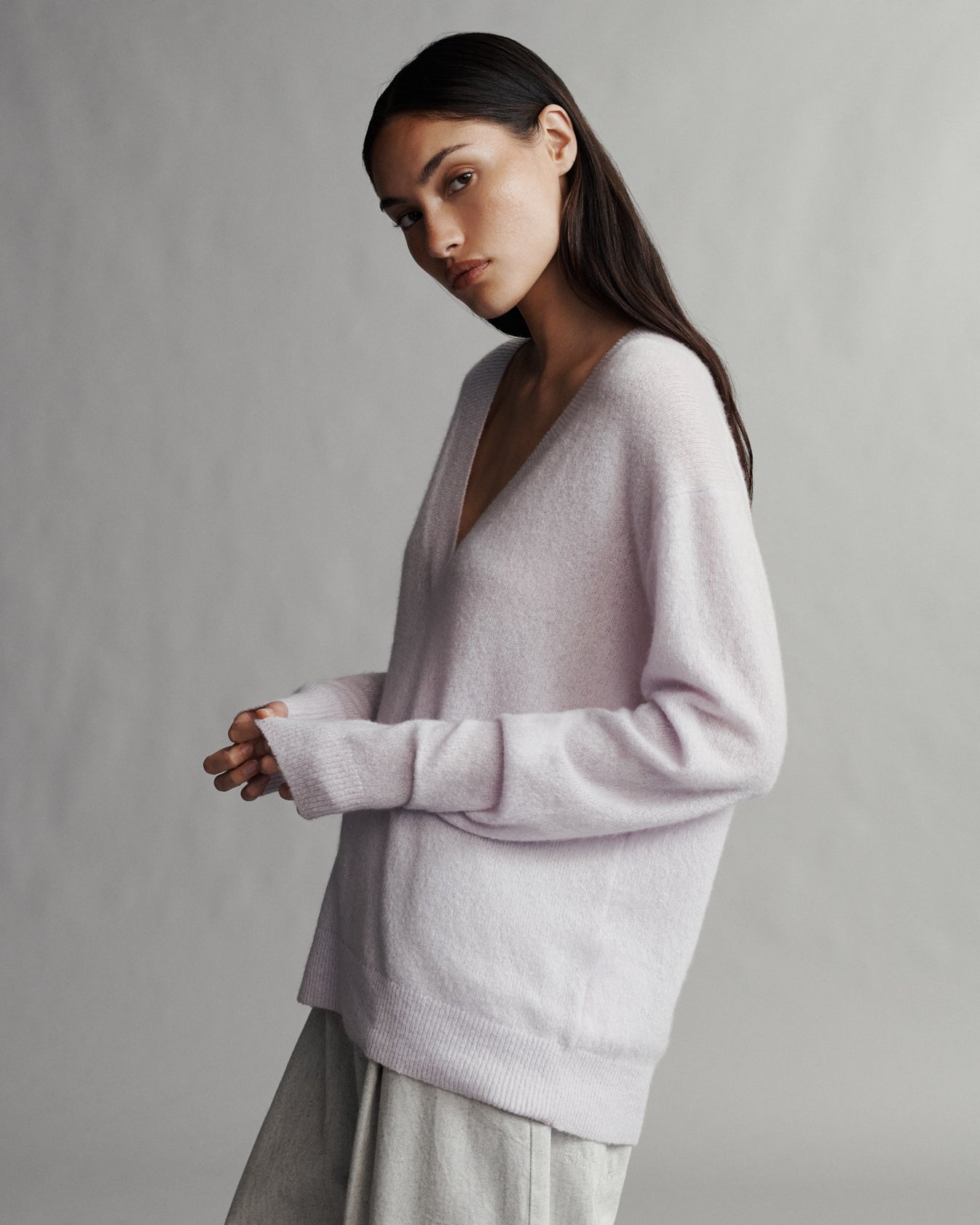 TWP Lilac tint Perfect Deep V Sweater in Nubby Cashmere view 1