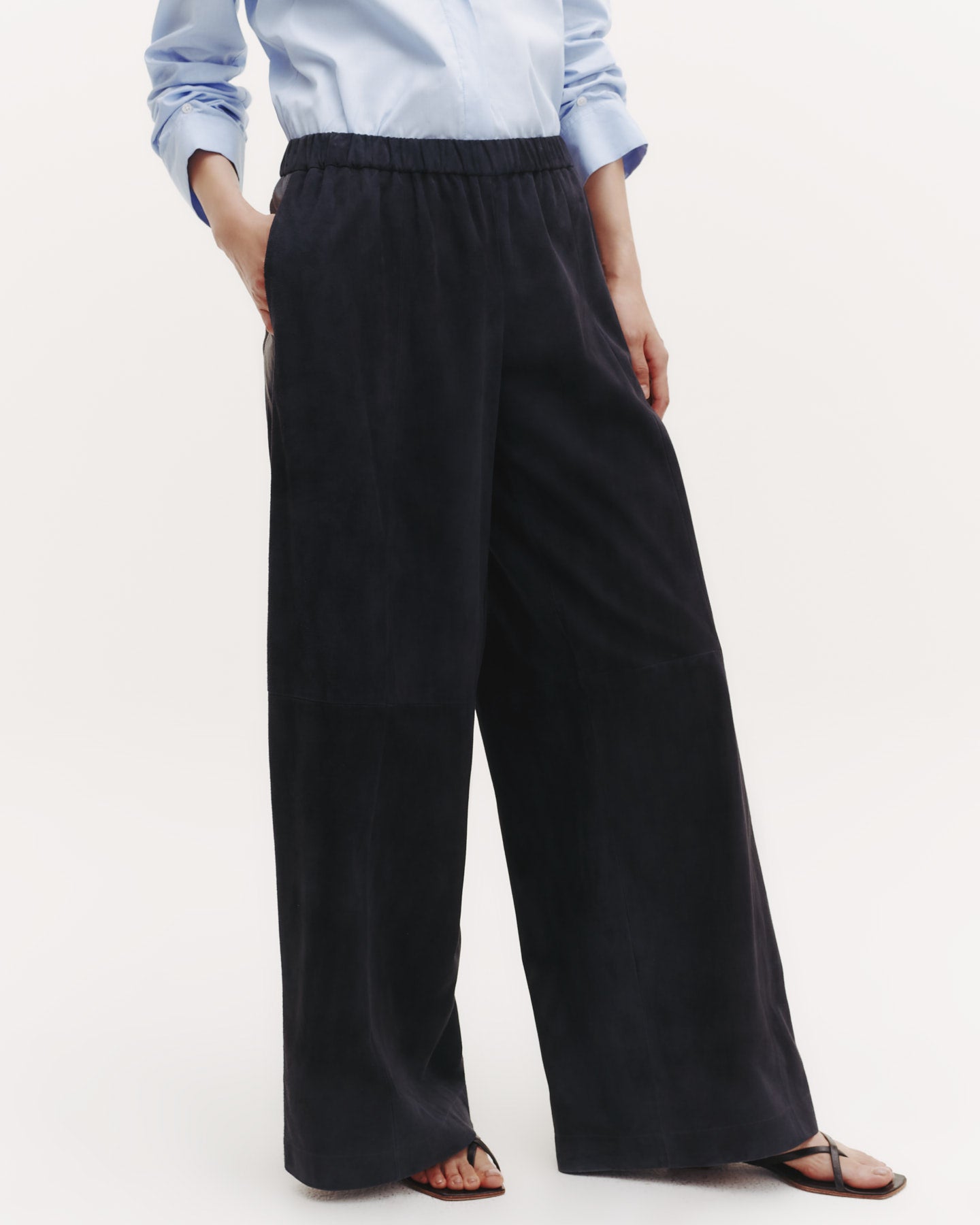 TWP Midnight Eva Pant with Tux Stripe in Paper Suede view 1