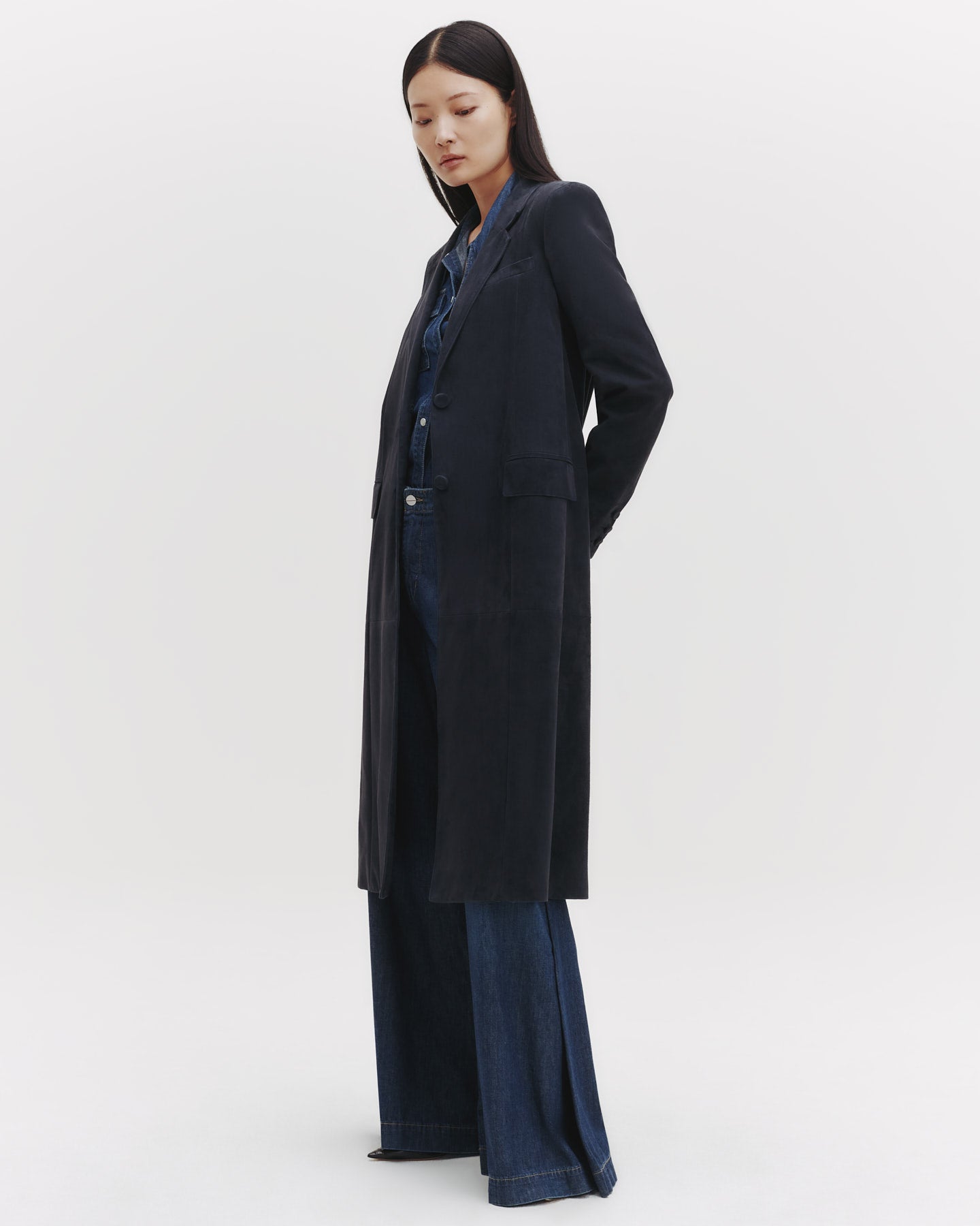 TWP Midnight Long Run Coat in Paper Suede view 4