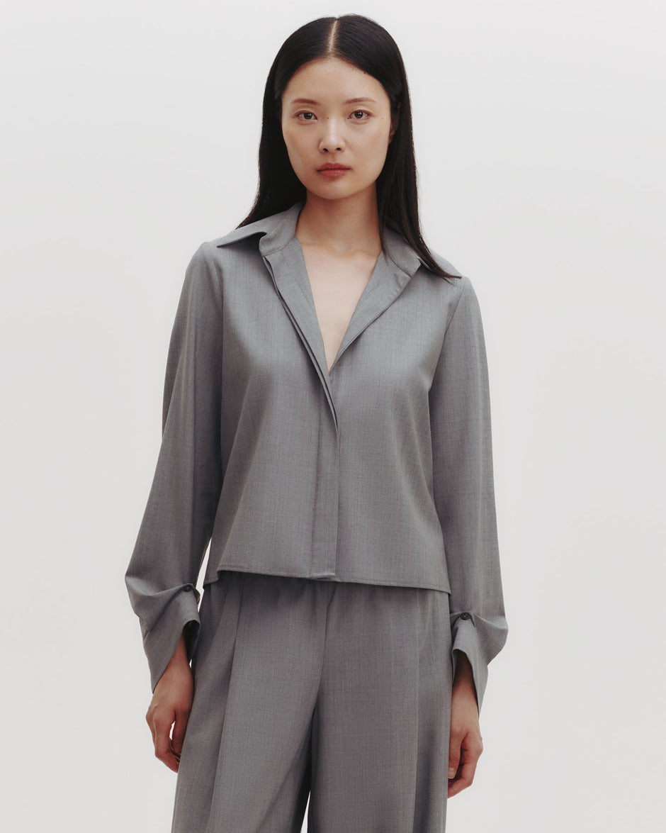 TWP Medium heather grey Button Me Up Top in Ultrafine Stretch Suiting view 4