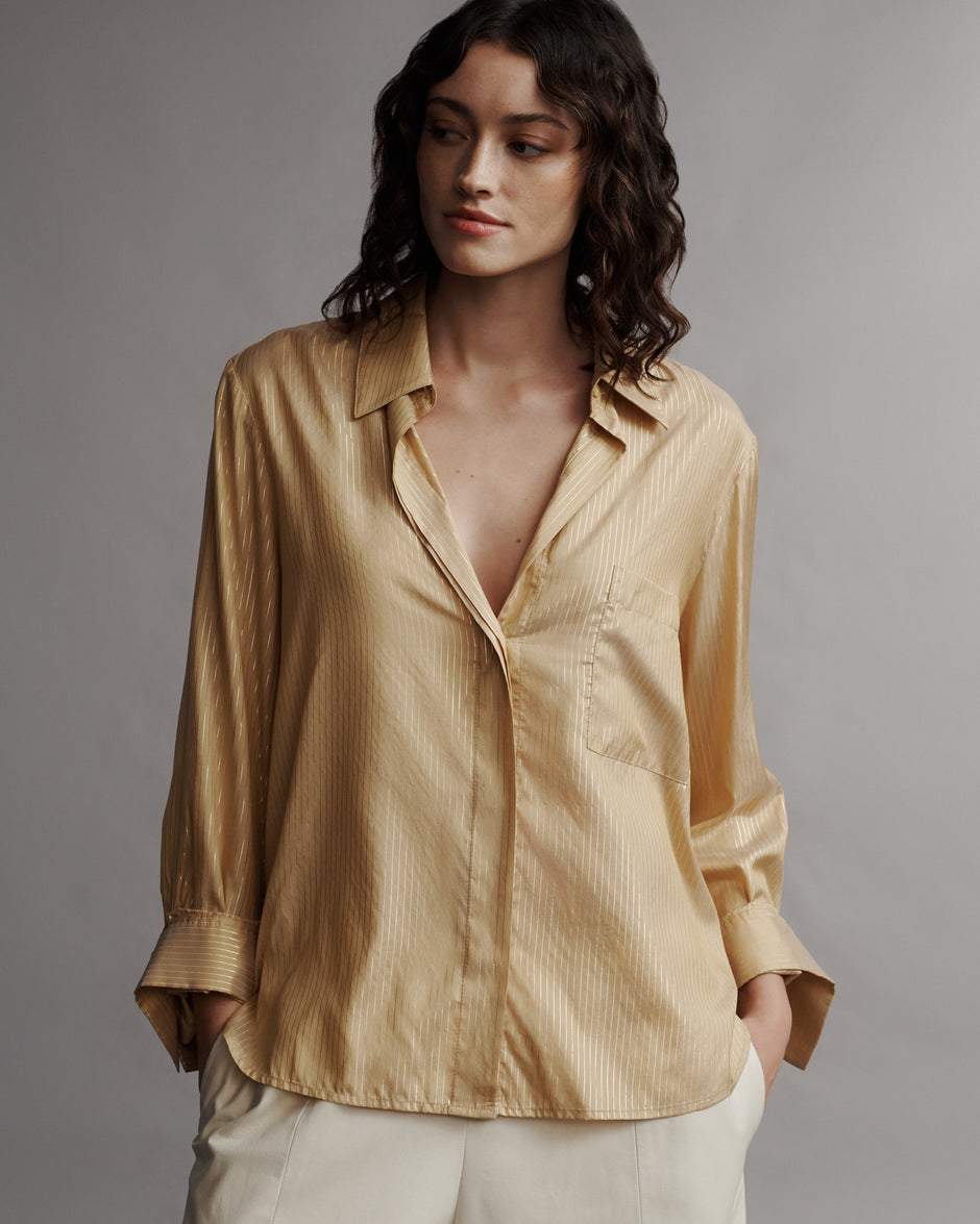 TWP Goldenrod / gold New Morning After Shirt in Silk Metallic Stripe view 3