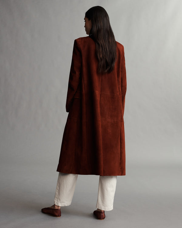 TWP Warm brick Car Coat in Heavy Luxe Suede view 3