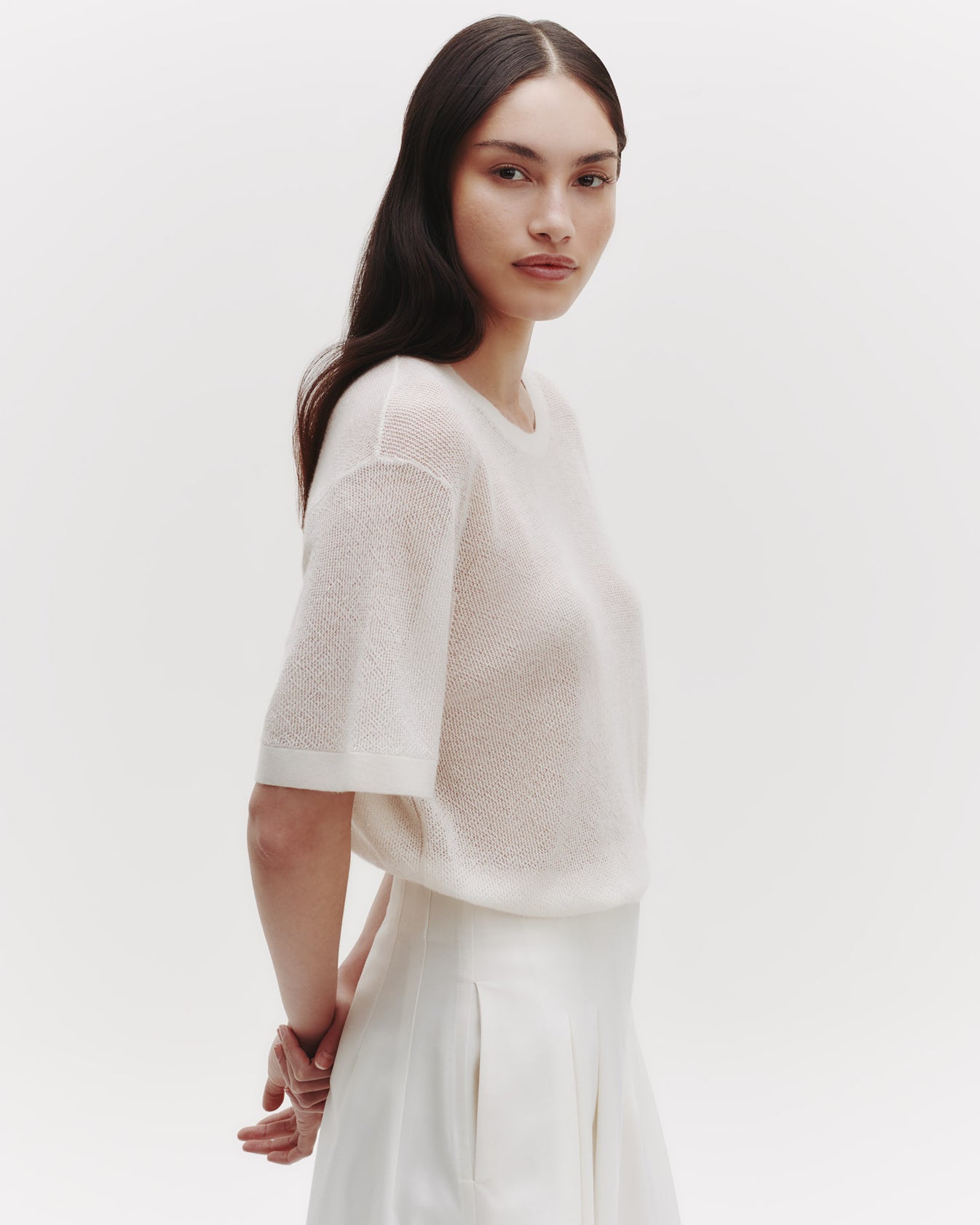 TWP Ivory Knit Tee with Pointelle Detail in Lightweight Cashmere view 3