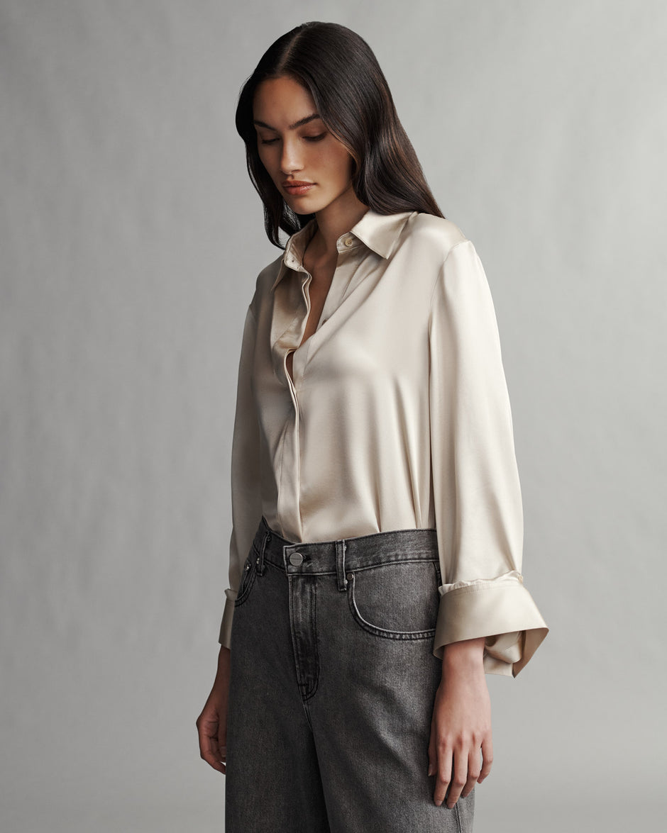 TWP Champagne Boyfriend Shirt in Silk Charmeuse view 3