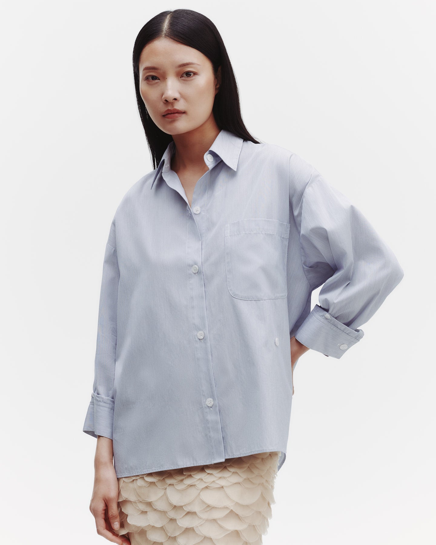 TWP White / blue Earl Shirt in Mini Pinstripe Cotton view 2