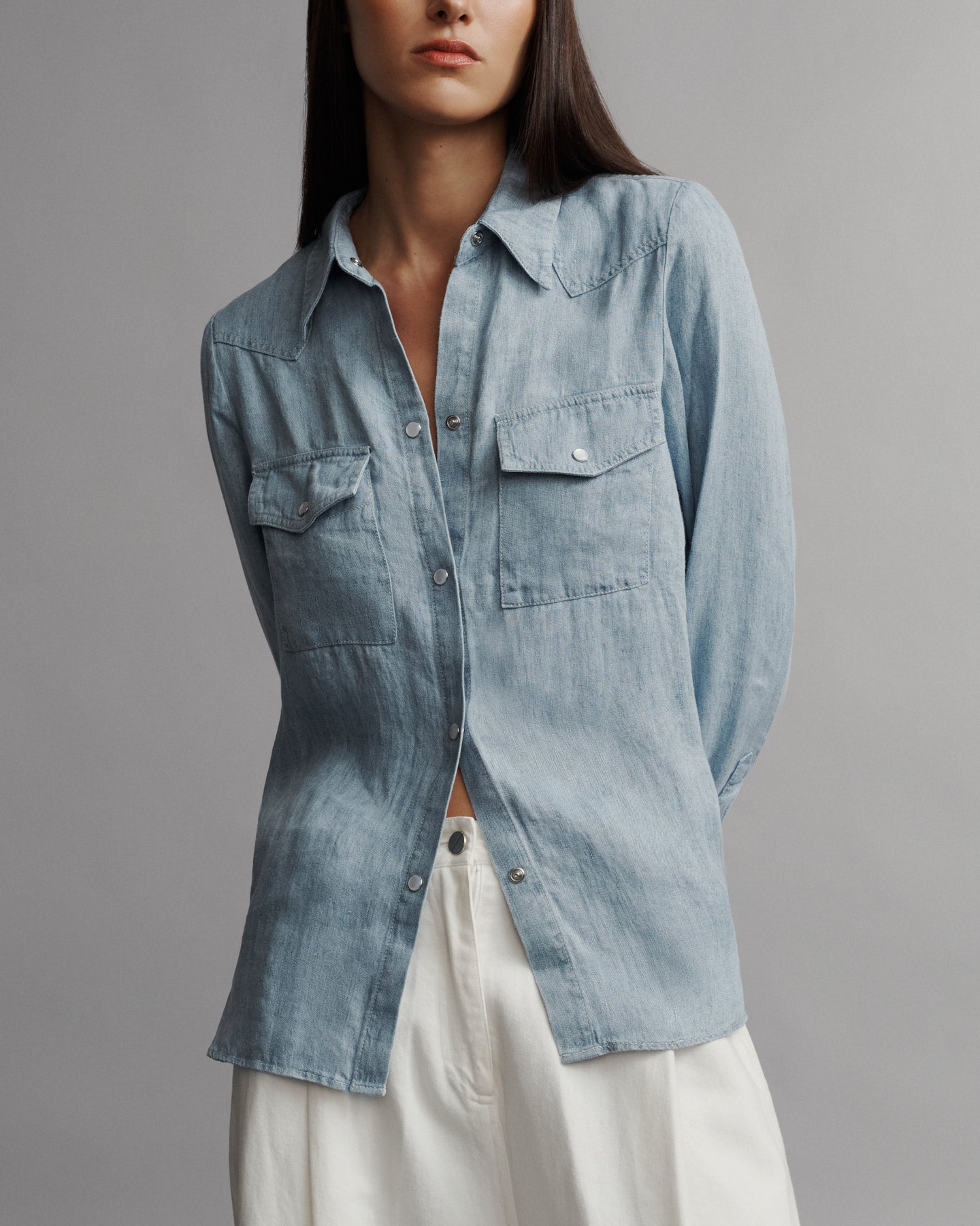 TWP Light indigo Rancher's Daughter Shirt in hemp denim view 1