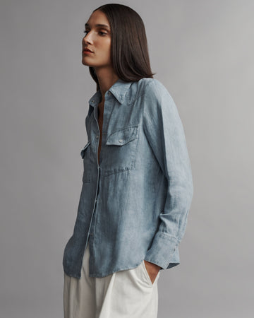 TWP Light indigo Rancher&#39;s Daughter Shirt in hemp denim view 3