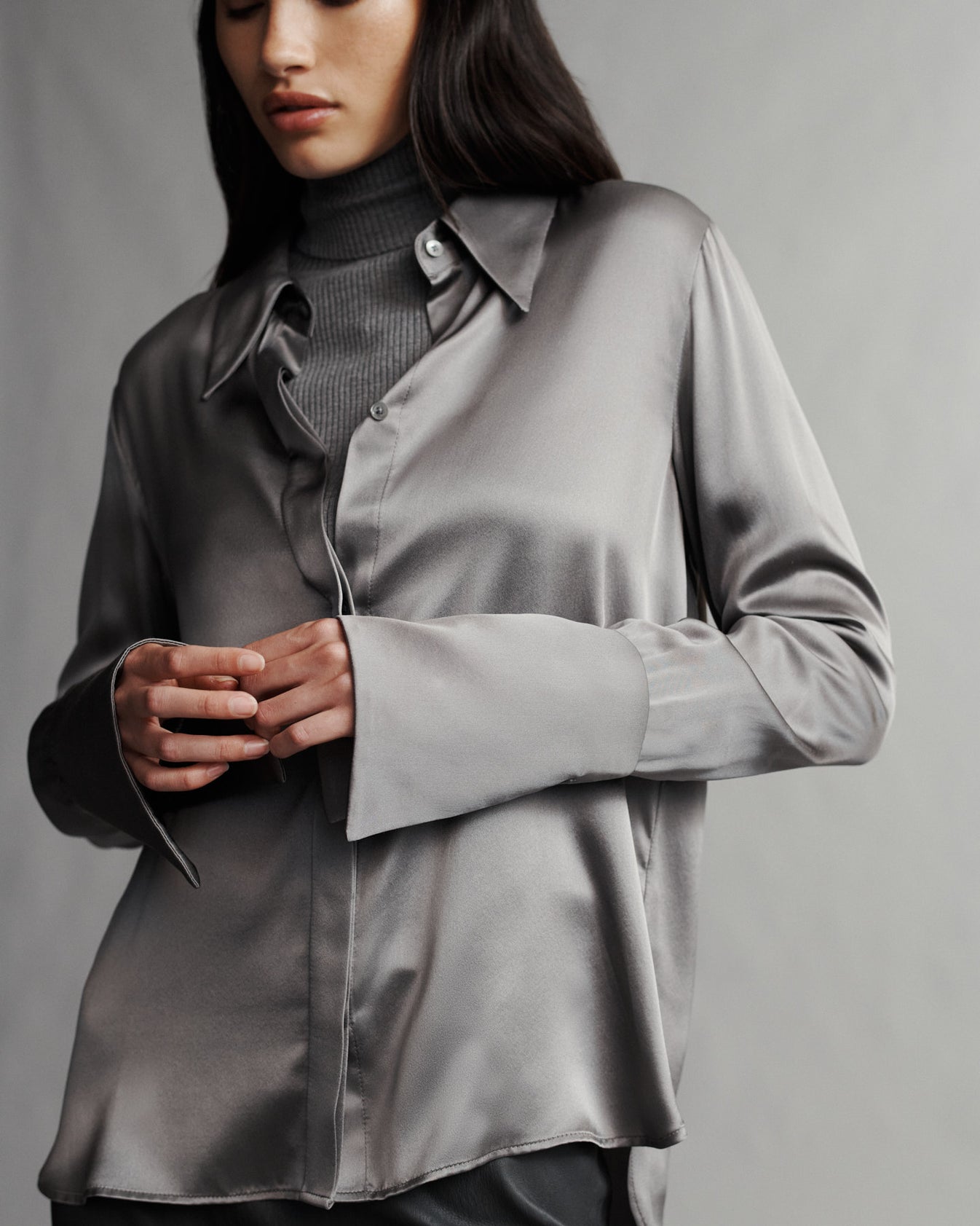 TWP Gunmetal Object Of Affection Top With Sleeve Detail in Silk Charmeuse view 1