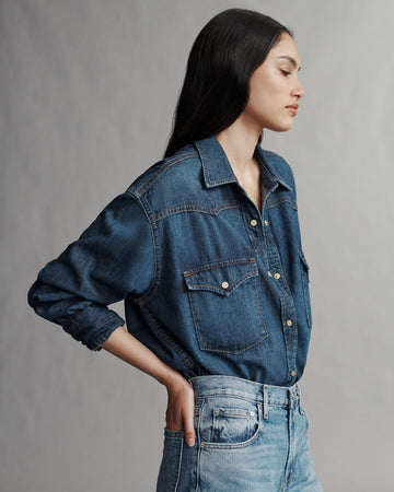 TWP Dark wash OG Supersized Ranchers Shirt in Denim Shirting view 2