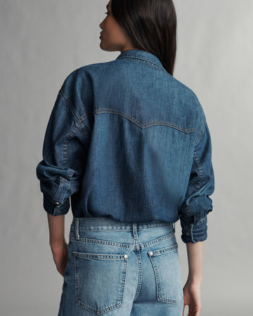 TWP Dark wash OG Supersized Ranchers Shirt in Denim Shirting view 3