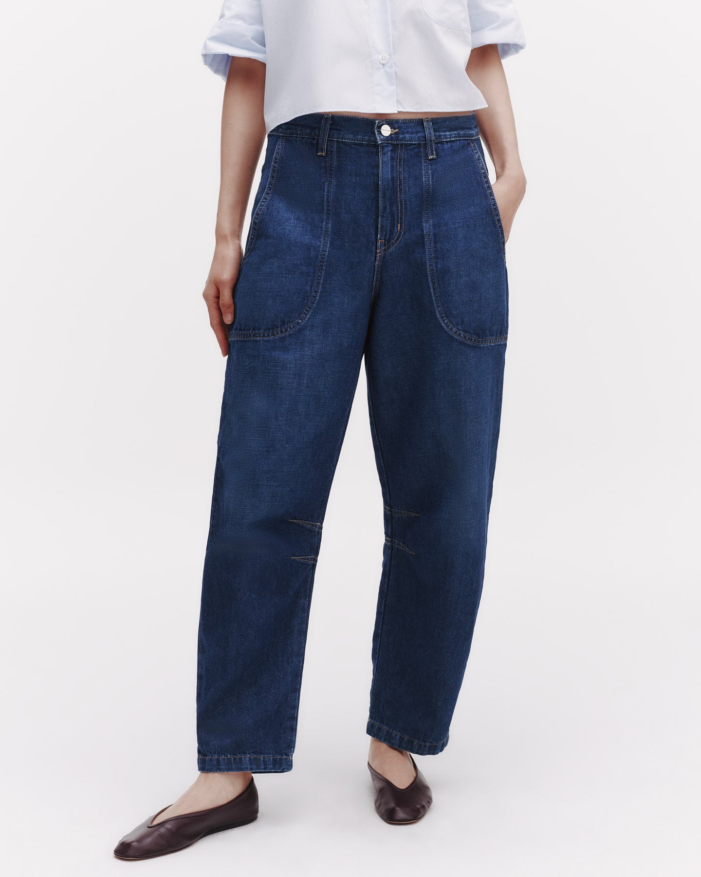 TWP Dark wash Jetties Beach Pant in Linen Cotton Denim view 1