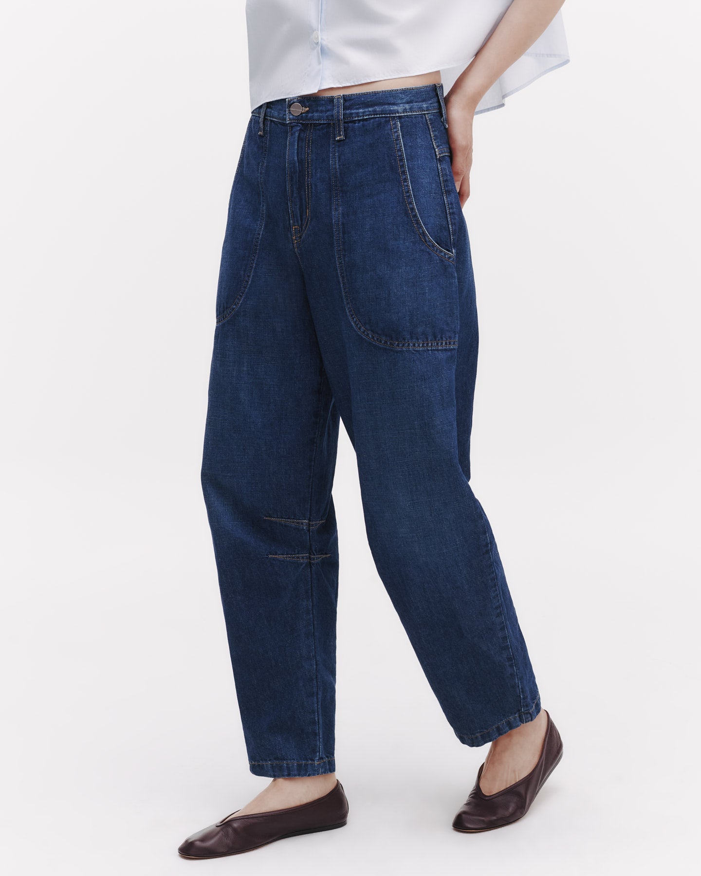 TWP Dark wash Jetties Beach Pant in Linen Cotton Denim view 3