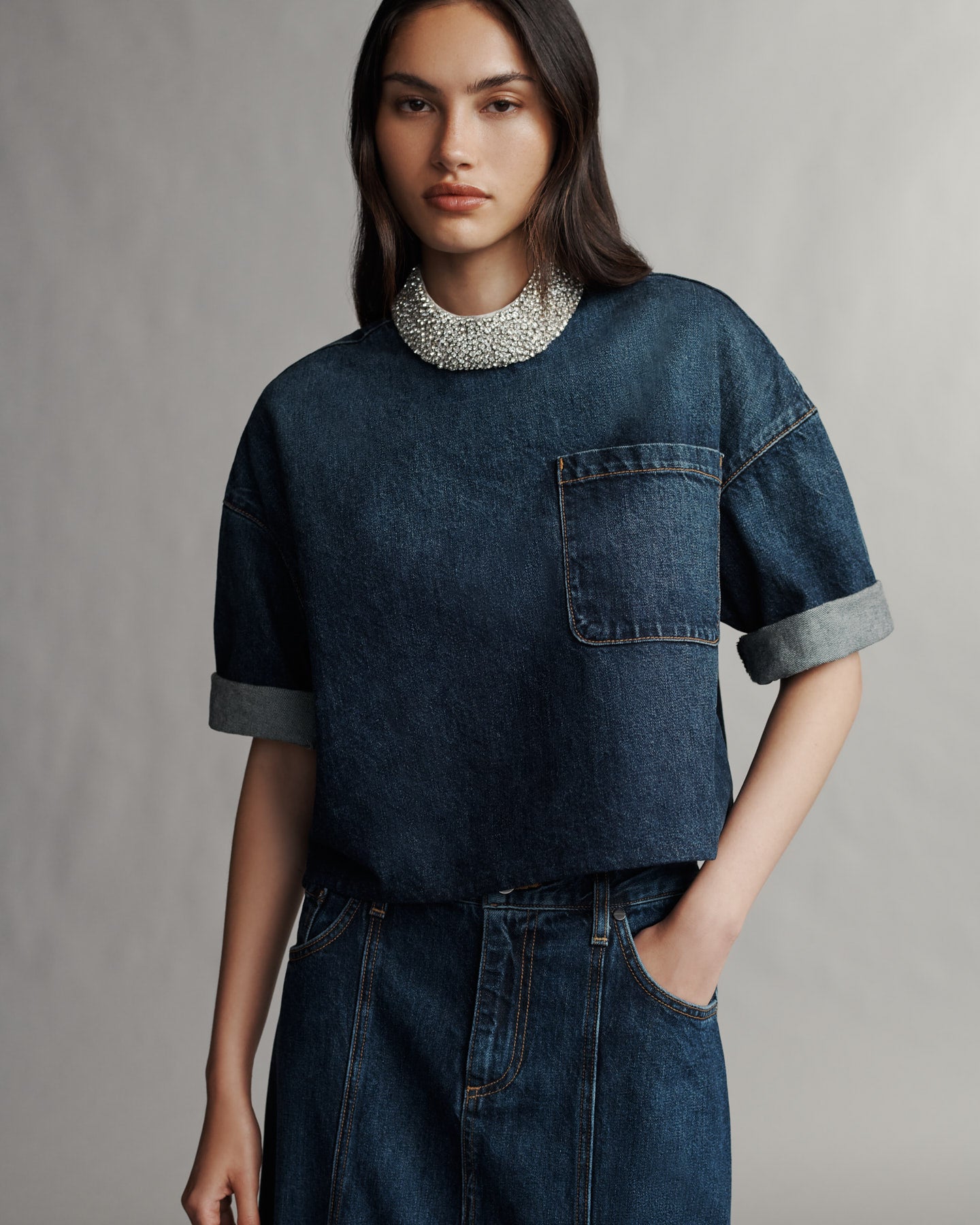 TWP Dark wash Ex T with Crystal Collar in Vintage Denim view 2