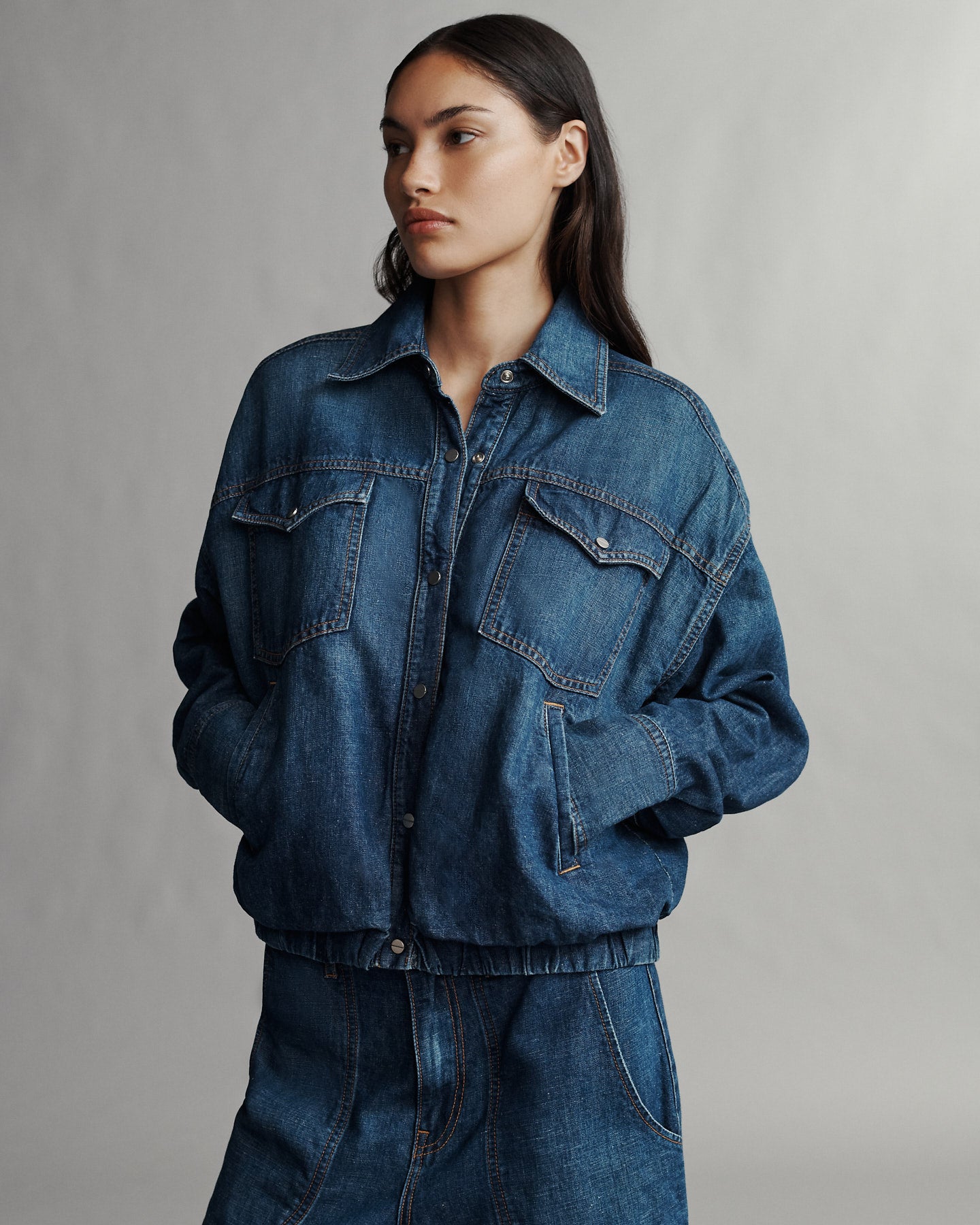 TWP Dark wash Denim Bubble Jacket in Linen Cotton Denim view 1