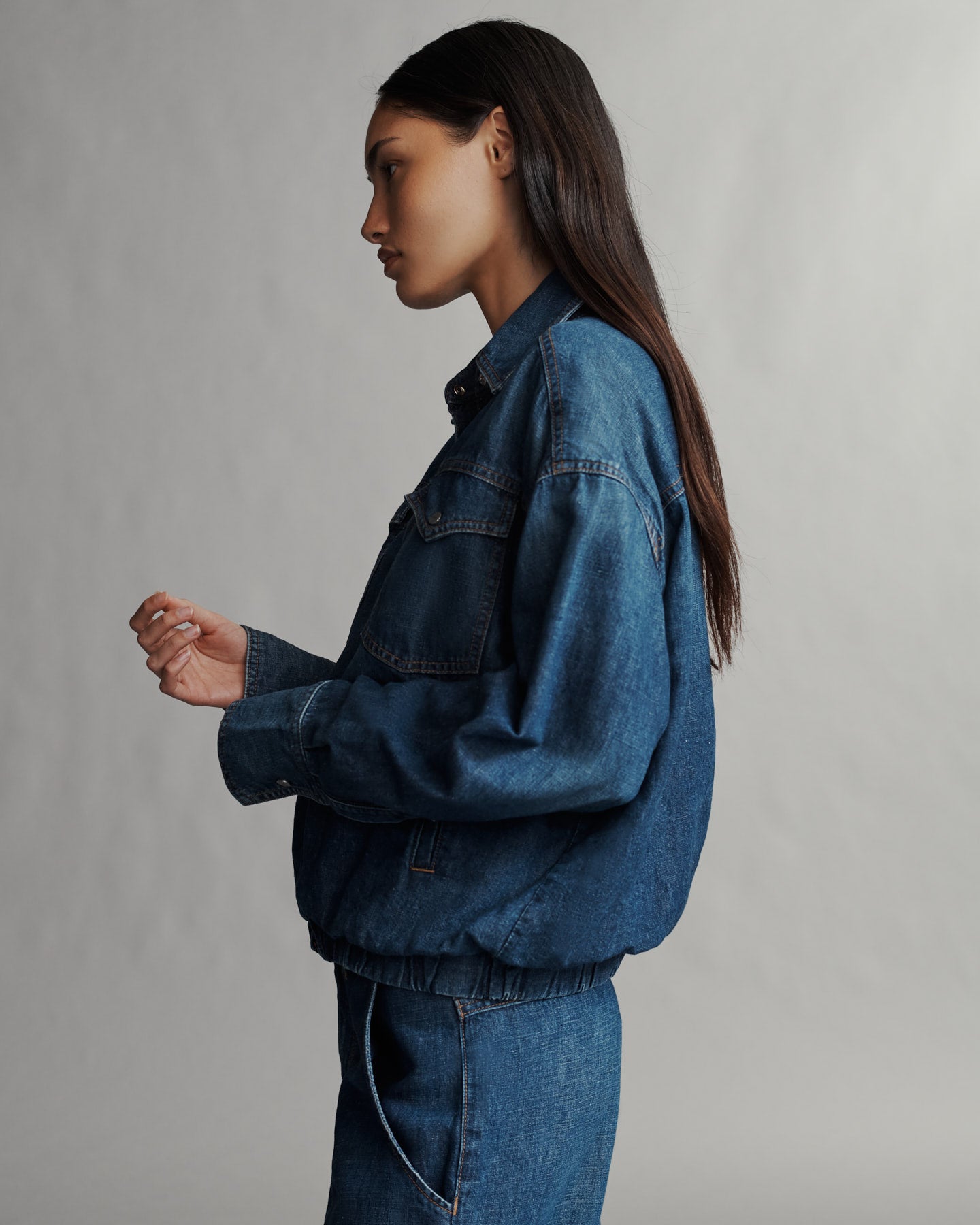 TWP Dark wash Denim Bubble Jacket in Linen Cotton Denim view 2