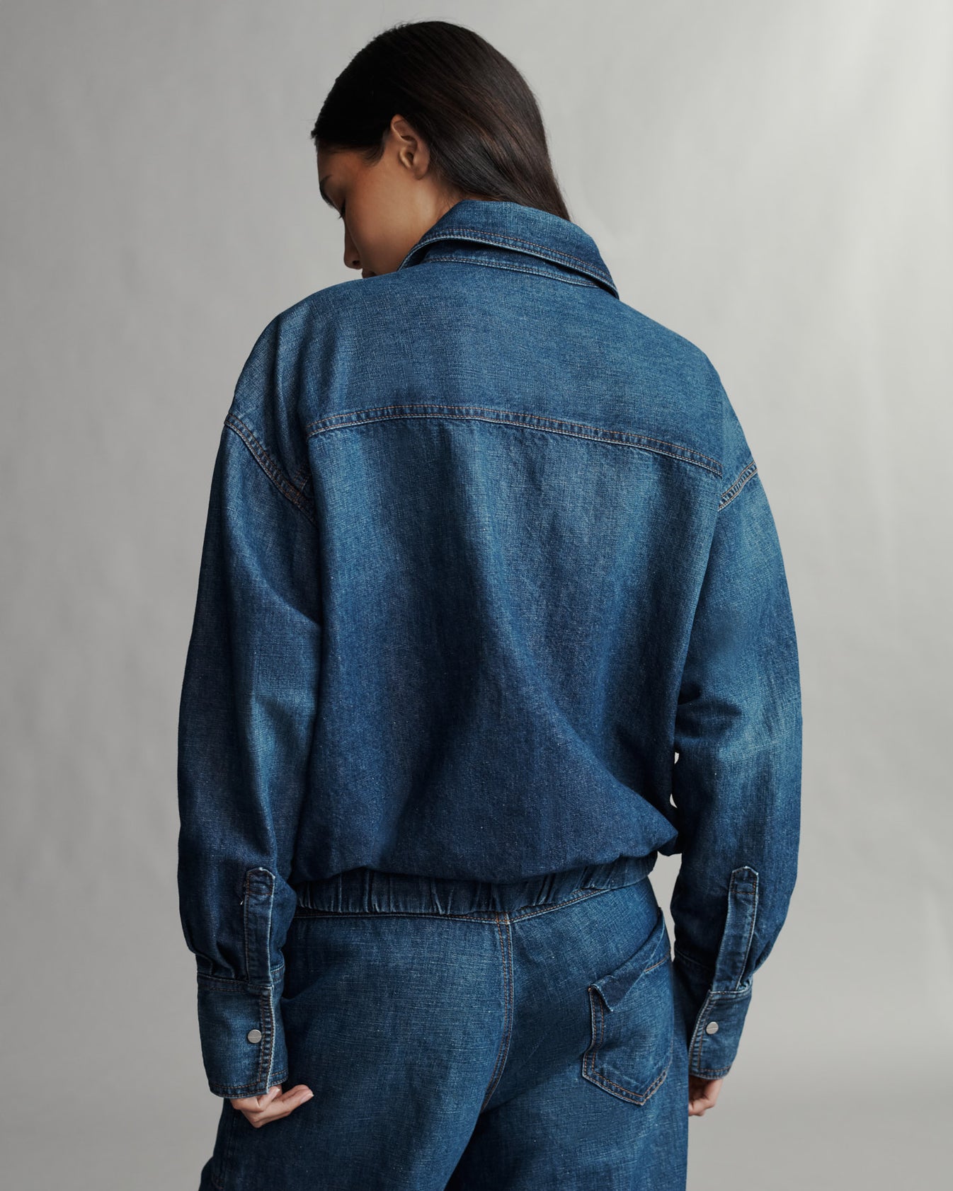 TWP Dark wash Denim Bubble Jacket in Linen Cotton Denim view 4