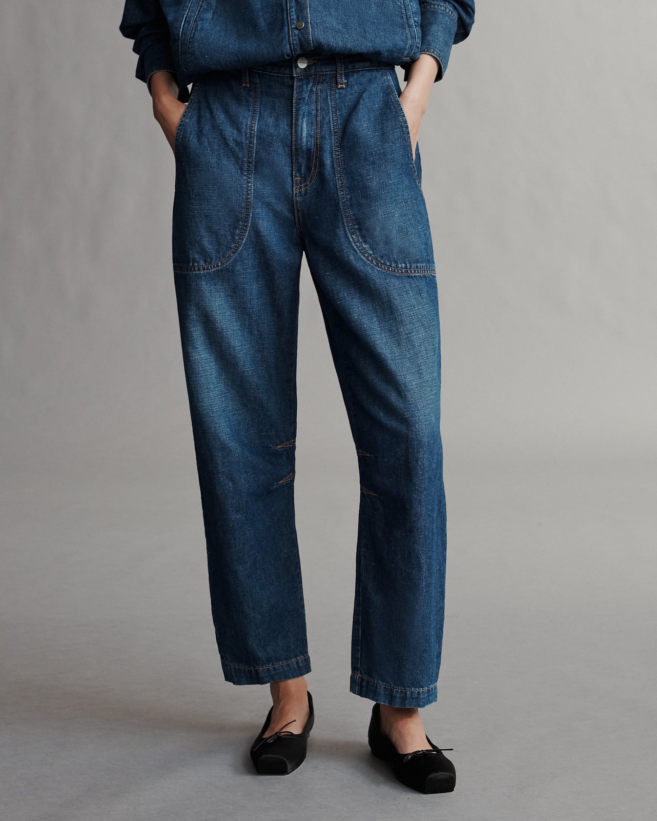 TWP Dark wash Jetties Beach Pant in Linen Cotton Denim view 1