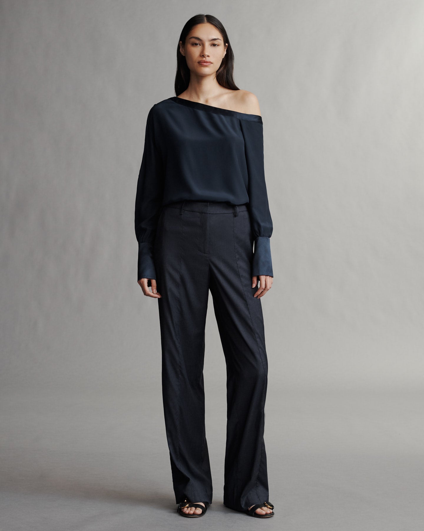 TWP Indigo / charcoal Elizabeth St. Pant in Chintzed Pinstripe Suiting view 5