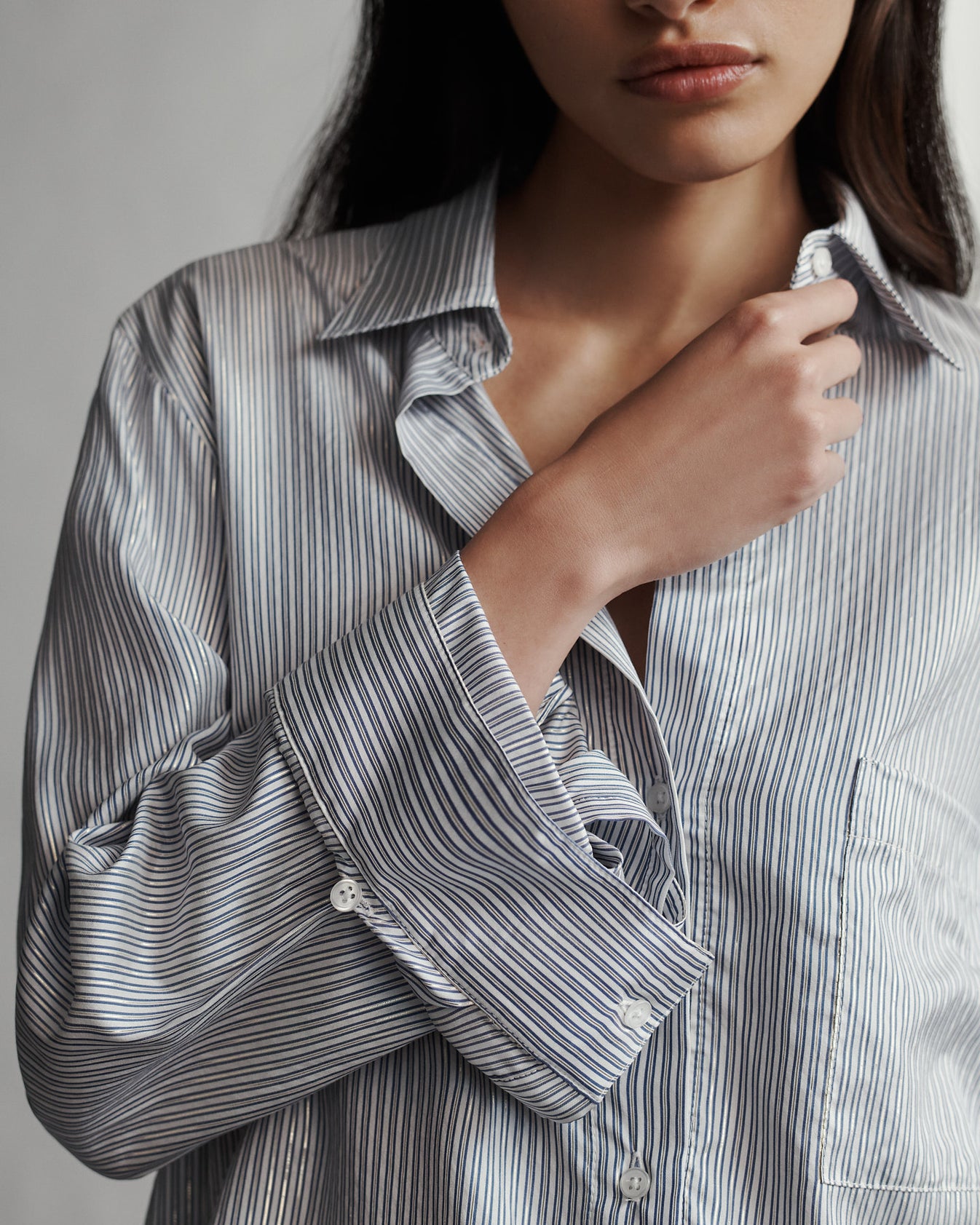 TWP Ivory / indigo / gold New Morning After Shirt in Silk Metallic Stripe view 1