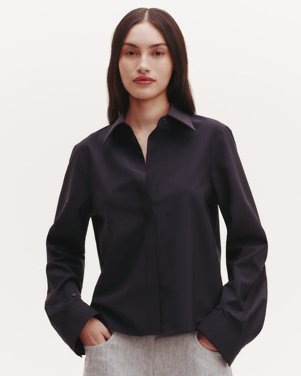 TWP Midnight Button Me Up Top in Ultrafine Stretch Suiting view 2