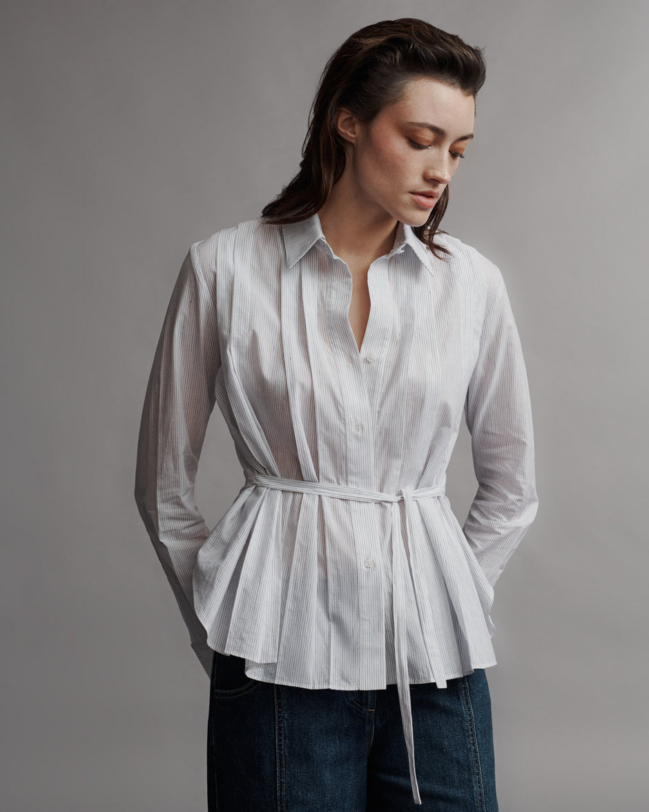 TWP White / charcoal Francesca Top in Faint Linen Stripe view 3