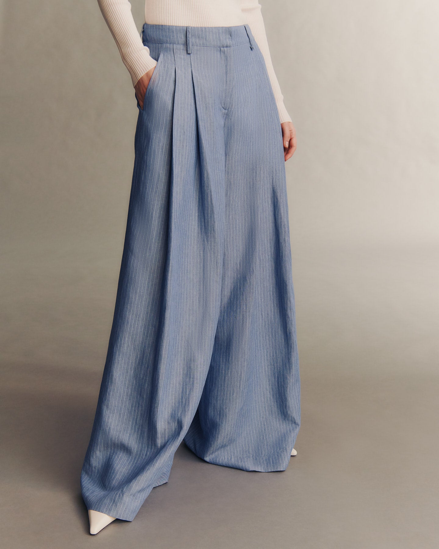 TWP Indigo / white Didi Pant in Linen Stripe view 1