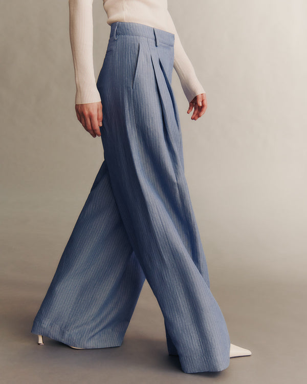 TWP Indigo / white Didi Pant in Linen Stripe view 3