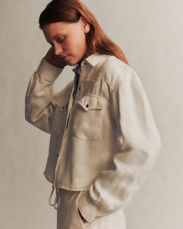 TWP White Cropped OG Shirt in Japanese Denim view 3