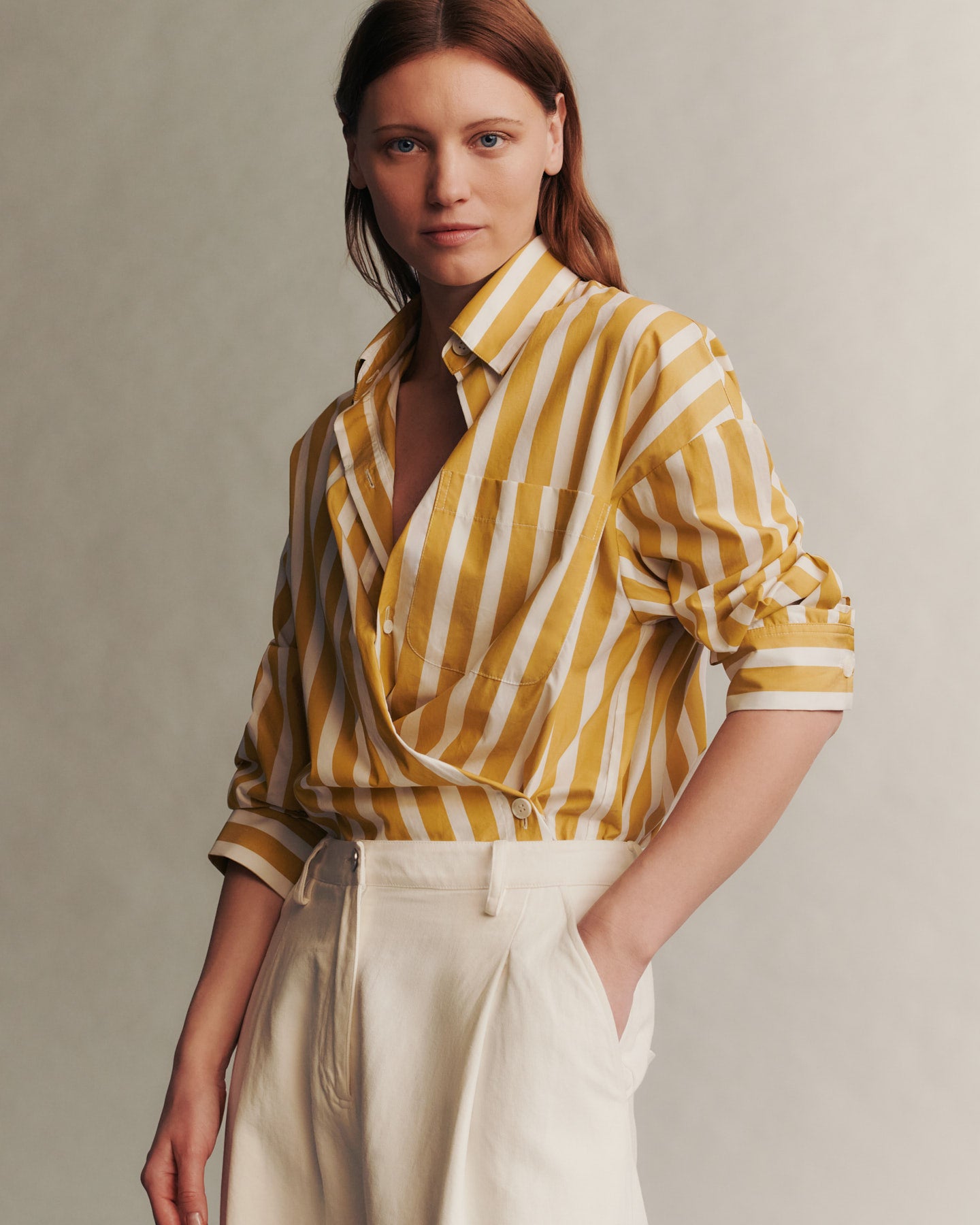 TWP Yellow / white Earl Shirt in Wide Awning Stripe view 3