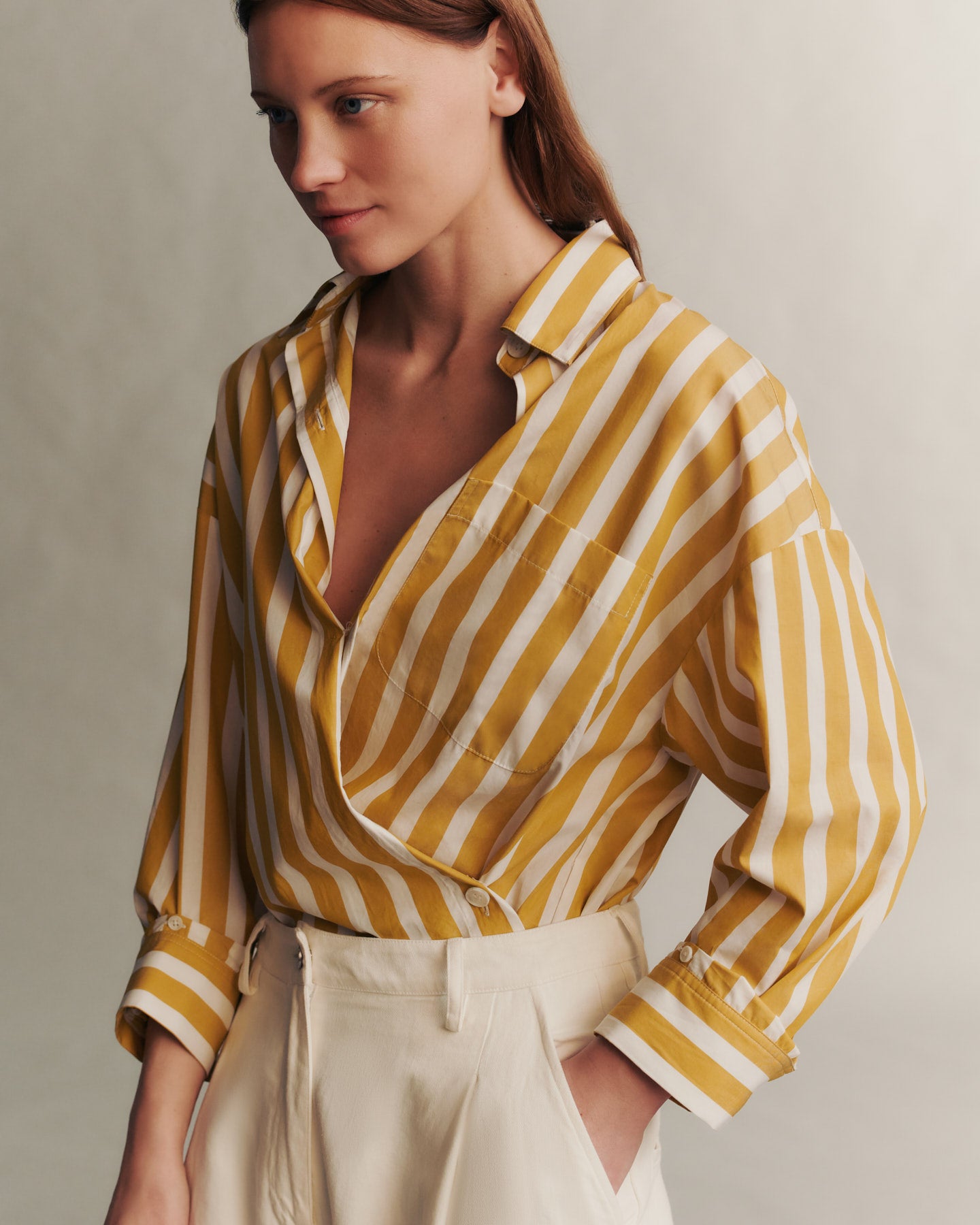 TWP Yellow / white Earl Shirt in Wide Awning Stripe view 2