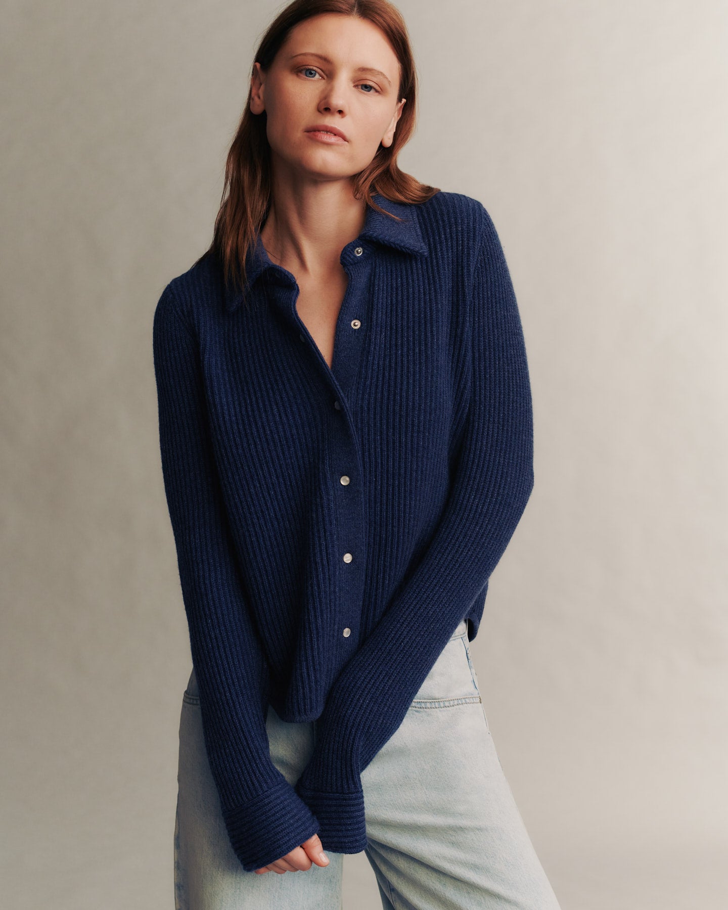 TWP Indigo denim Ranchers Cardigan in Cashmere view 1