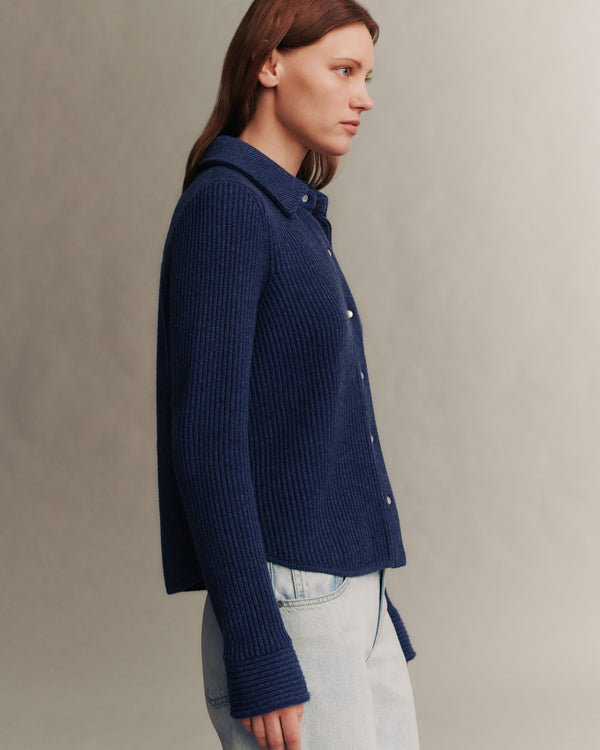 TWP Indigo denim Ranchers Cardigan in Cashmere view 3