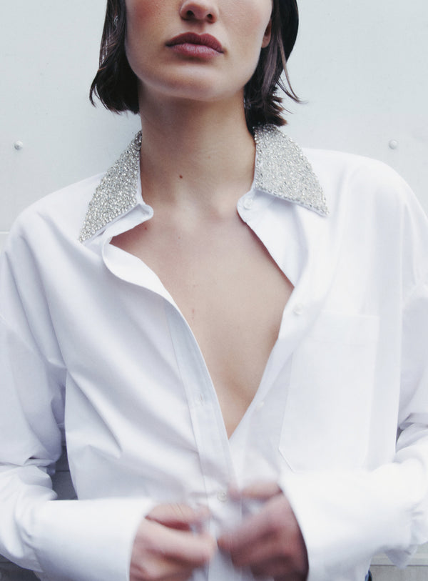 TWP White Big Joe Shirt with Crystal Collar in Cotton Shirting view 1