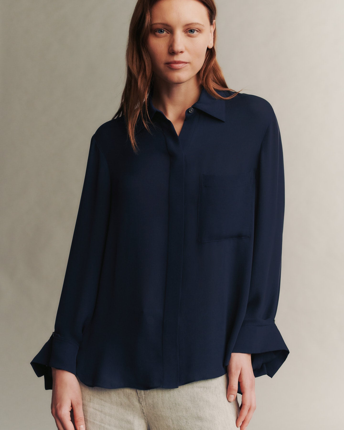 TWP Midnight Boyfriend shirt in washed georgette view 1