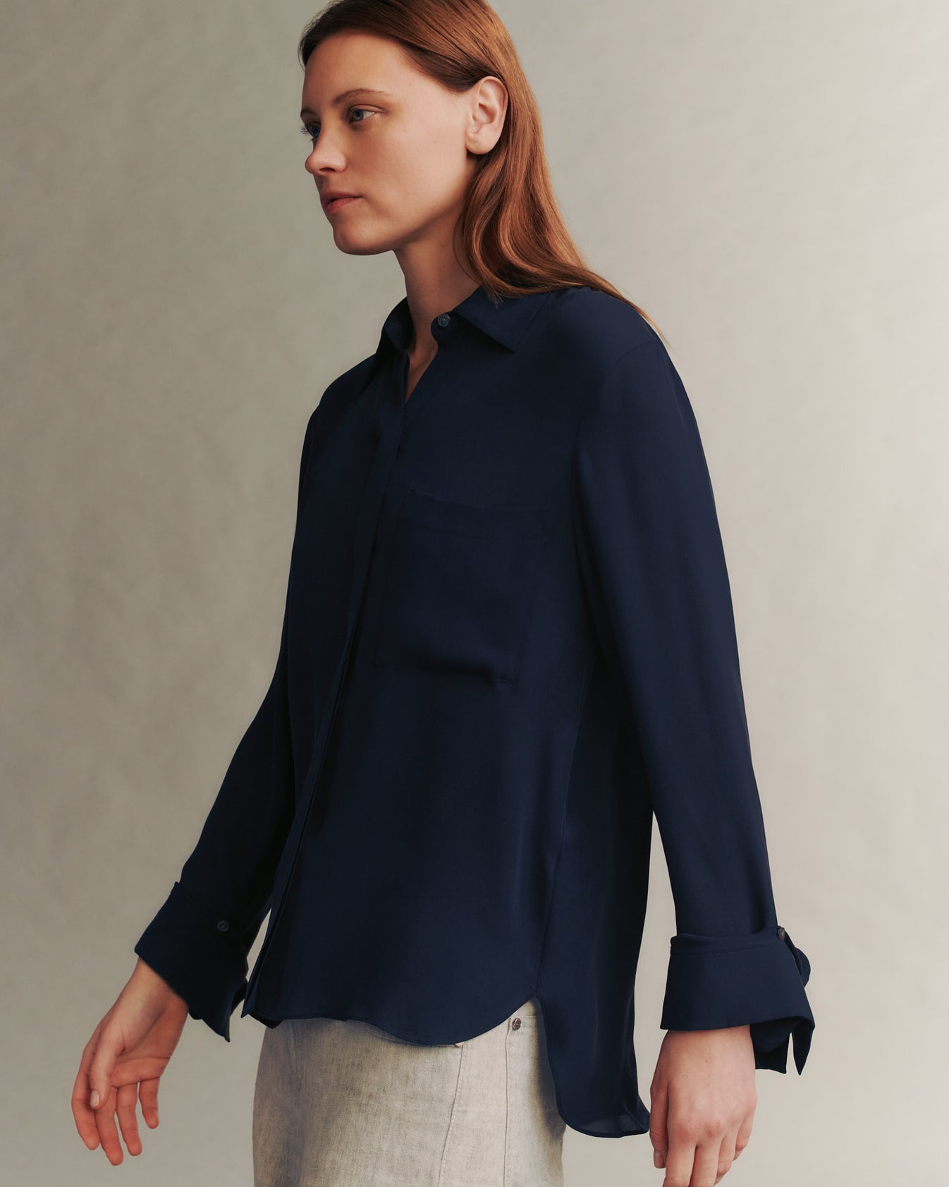 TWP Midnight Boyfriend shirt in washed georgette view 2