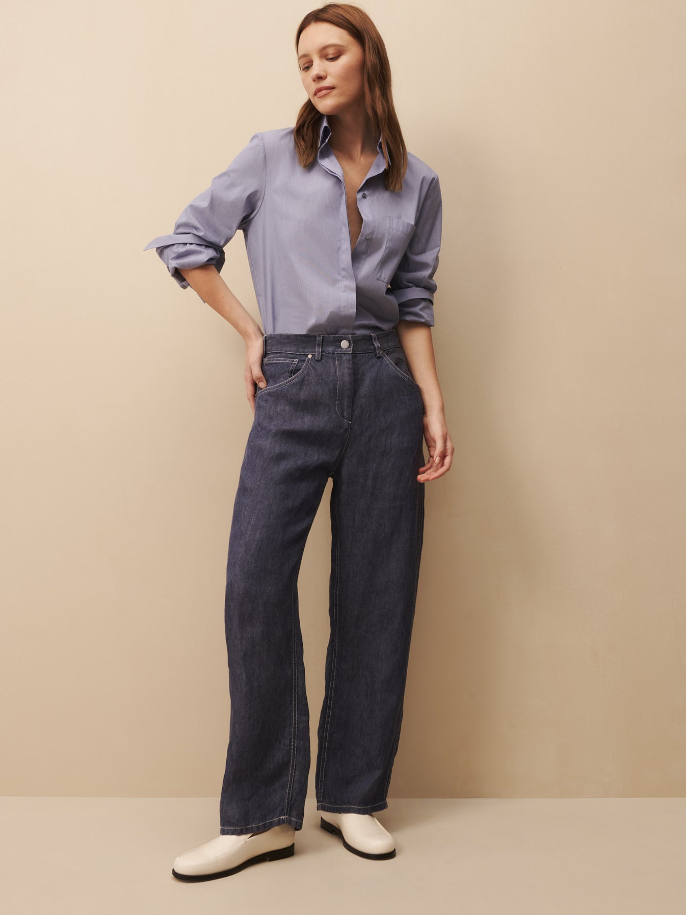 TWP Medium indigo Mila pant in hemp denim view 5