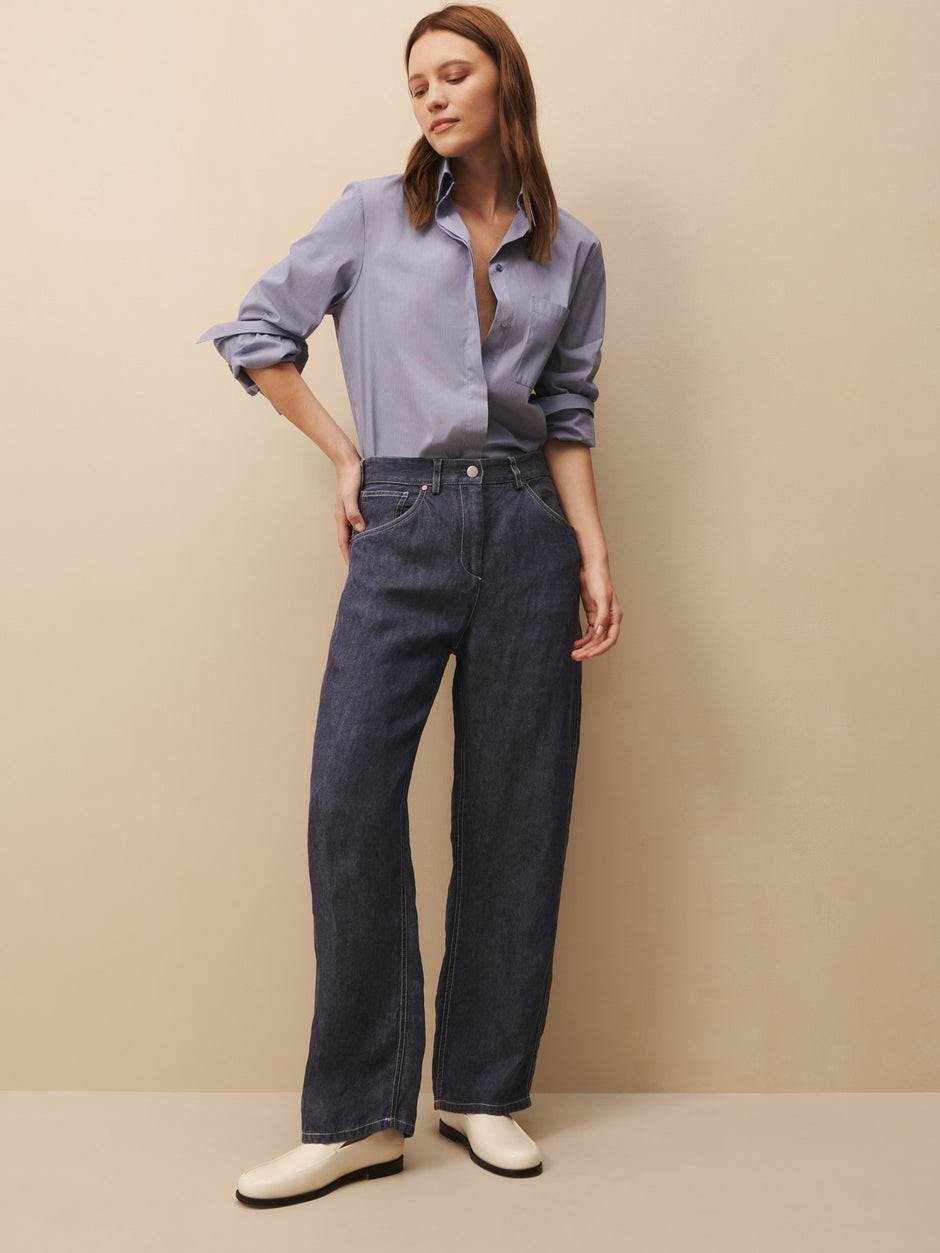 TWP Medium indigo Mila pant in hemp denim view 6