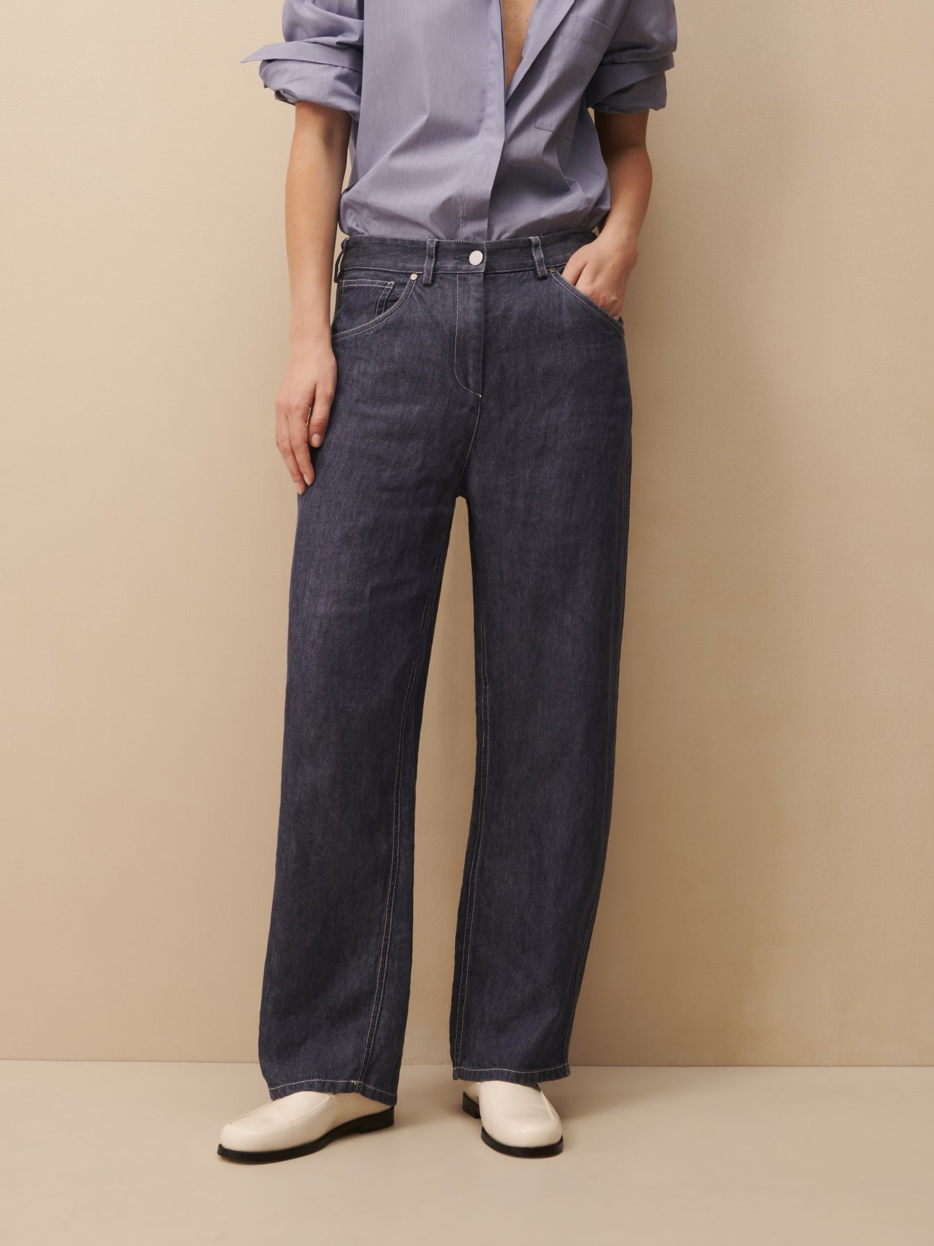 TWP Medium indigo Mila pant in hemp denim view 2