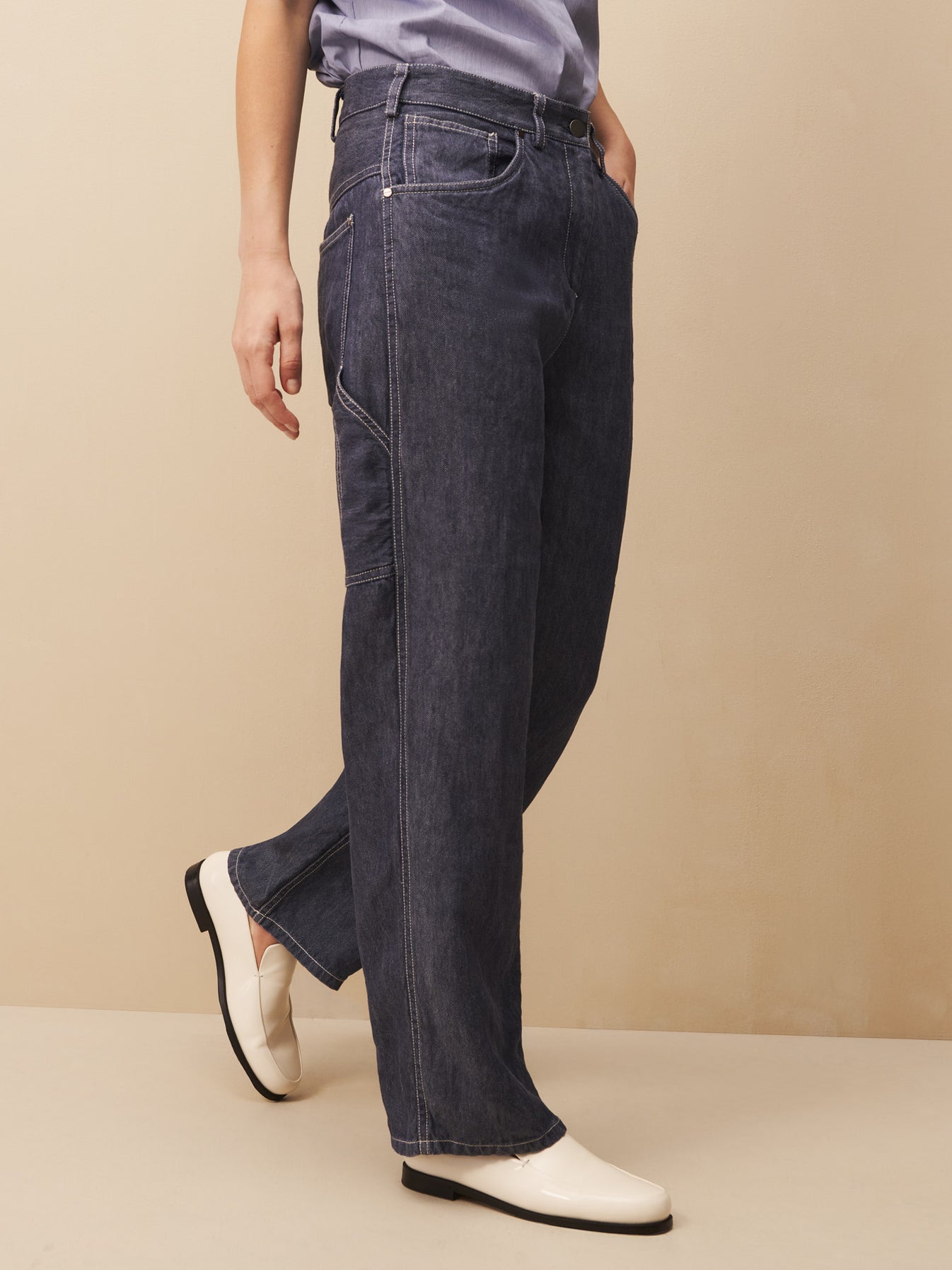 TWP Medium indigo Mila pant in hemp denim view 1