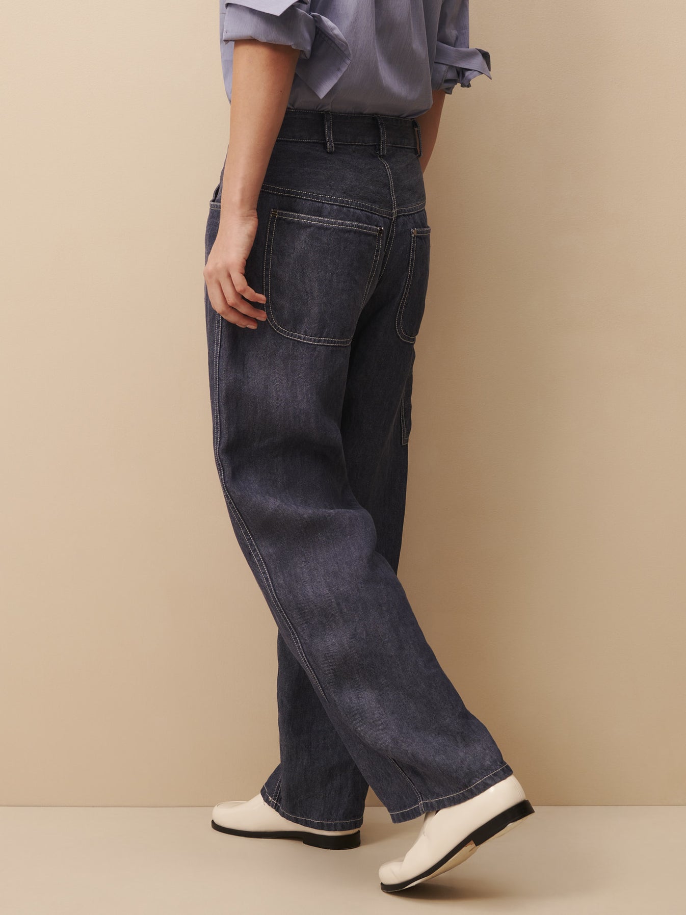 TWP Medium indigo Mila pant in hemp denim view 3