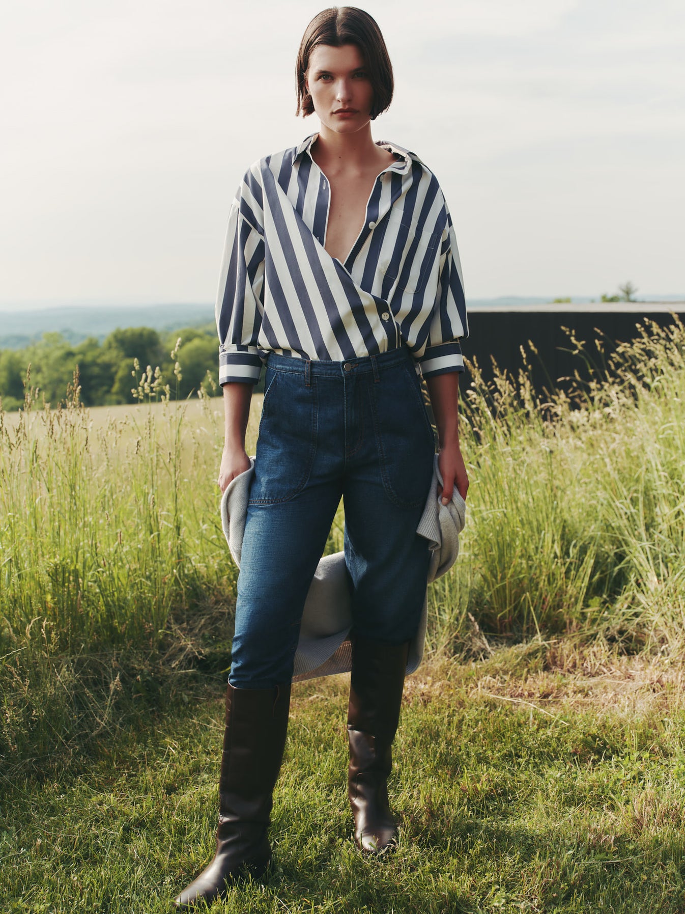 TWP Indigo / off white Earl Shirt in Wider Stark Stripe view 2