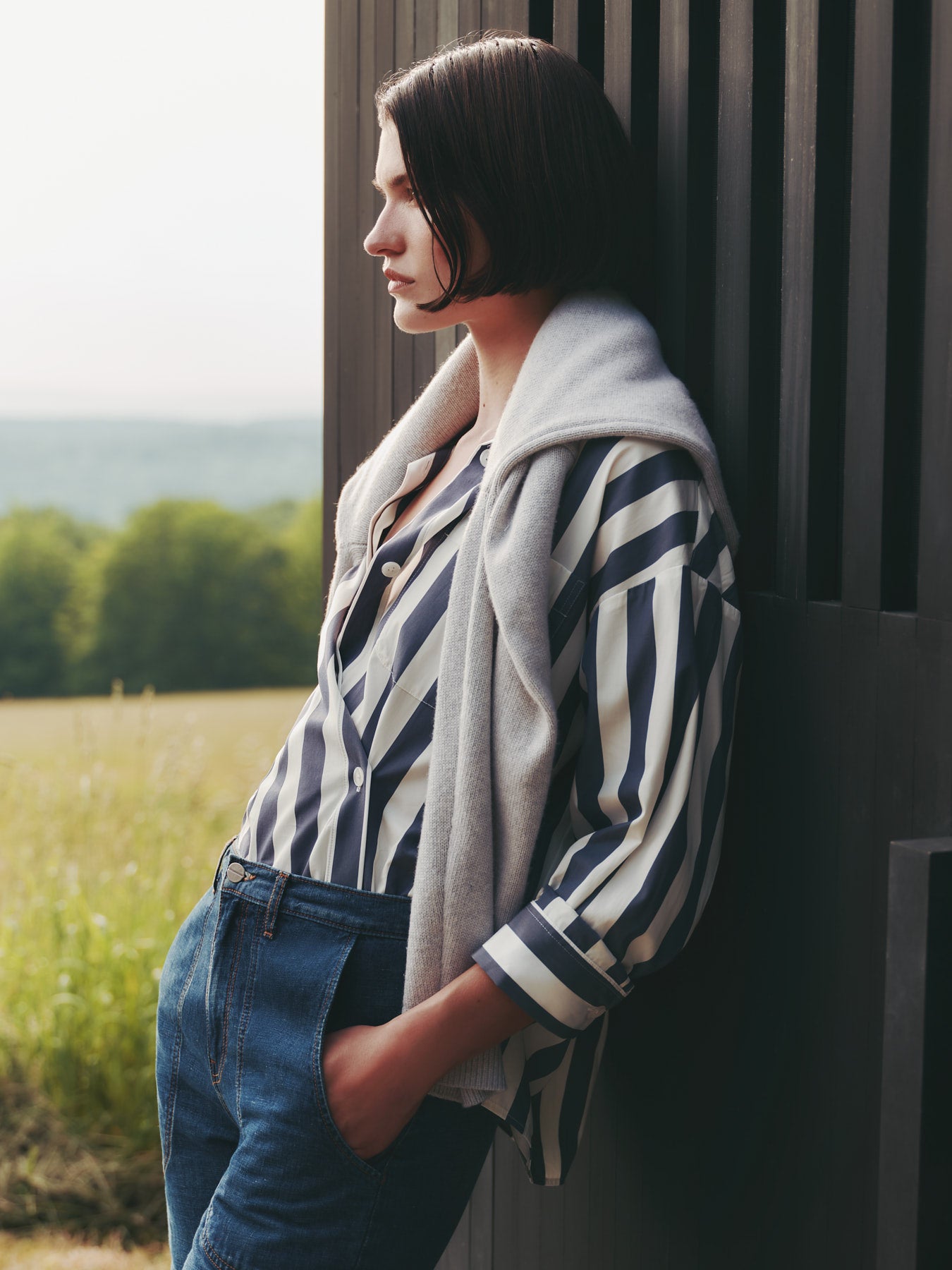 TWP Indigo / off white Earl Shirt in Wider Stark Stripe view 3