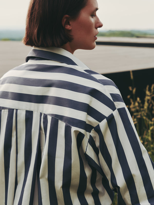 TWP Indigo / off white Earl Shirt in Wider Stark Stripe view 4