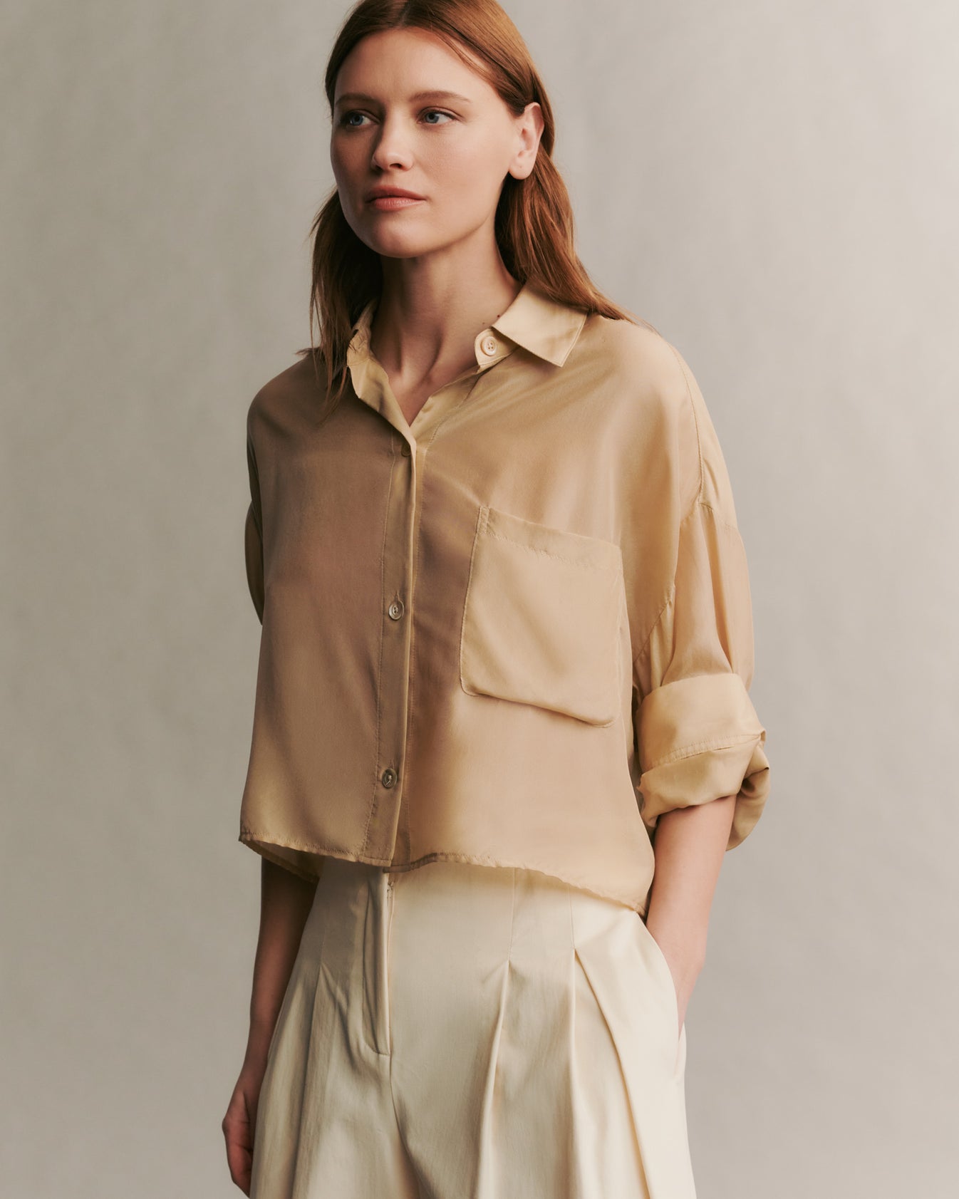 TWP Tan Next Ex Shirt in washed silk habotai view 2